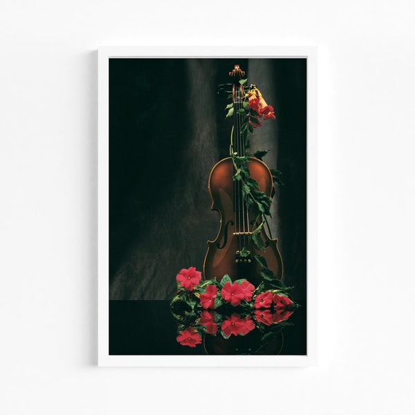 Cello Wrapped in Flowers Photography Art, Digital Downloadable Wall Art, Trendy Decor, Beautiful Wooden Cello draped in hibiscus flowers