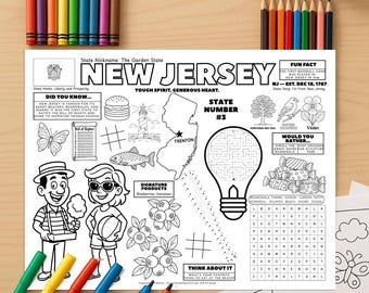 Wydrukowana podkładka z aktywnościami w New Jersey ze stanami USA | Arkusz ćwiczeń z geografii dla dzieci | Fakty o stanie New Jersey do wydrukowania | Geografia do nauki w domu (PDF)