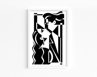 Dramatic Black and White Illustration of Couple Sharing a Kiss, Digital Downloadable Wall Art, Vintage look Wall Décor, Stunning Artwork