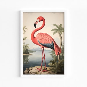 Pink Flamingo Illustration Art, Digital Downloadable Wall Art, Trendy Décor, Vintage style art of Pink Flamingo with Water and Palm Trees