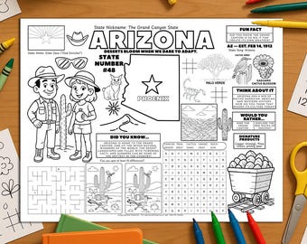 US States Printable Arizona Activity Placemat | Kids Geography Worksheet | Homeschool Printable | State Facts Worksheet | Educational PDF