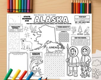 Wydrukowana podkładka z aktywnościami o Alasce, stanach USA | Arkusz ćwiczeń z geografii dla dzieci | Do druku w domu | Arkusz ćwiczeń z faktami o stanach | Edukacyjny plik PDF