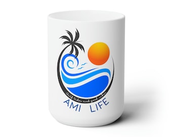 Taza de café de cerámica blanca Anna Maria Island, 15 oz, dice: AMI Life, Gulf tides and good vibes. Ideal para los entusiastas de las playas de Anna Maria Island