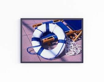 Life Preserver Photography Art, Digital Downloadable Wall Art, Poster, Trendy Décor, Blue Life Preserver on Chair indicating Life Line Help