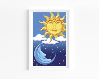 Sun and Moon Illustration Art, Digital Downloadable Wall Art, Wall Décor, Sun, Moon and Clouds against dark blue sky, stars, Vintage 3D look