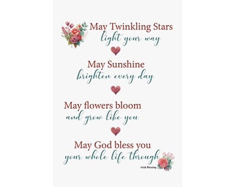 Irish Blessing Matte Vertical Poster, Sizes 24x36 or 18x24, Nursery Décor, Soft Reds and Sweet Sentiment to Bless Baby While Growing, Child