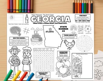 US States Printable Georgia Activity Placemat | Kids Geography Worksheet | Georgia State Facts Printable | Homeschool PDF | Education PDF