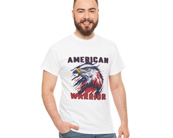 Fourth of July Unisex Heavy Cotton Short Sleeve Tee, American Warrior with Bald Eagle and American Flag, Patriotic Holiday, Military Gift