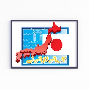 Puede incluir: Una ilustración enmarcada de Japón con una bandera roja y blanca, un contorno rojo del país y un fondo azul con una puerta torii blanca. El texto "JAPON" está escrito en letras amarillas en cursiva.