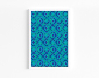 Abstract Art Illustration Print, Digital Downloadable Wall Art, Trendy Décor, Circles of blue colors add pop to Posters or Wall Accents