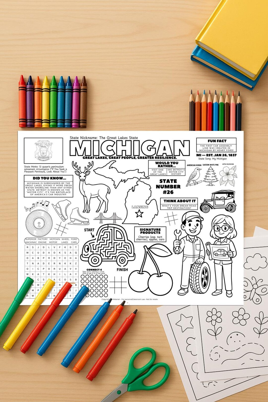 US States Printable Michigan Activity Placemat | Kids Geography ...