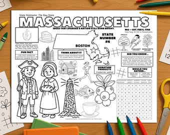 Wydrukowana podkładka z aktywnościami dla stanów USA w Massachusetts | Arkusz ćwiczeń z geografii dla dzieci | Fakty o stanie Massachusetts do wydrukowania | Edukacja domowa w formacie PDF
