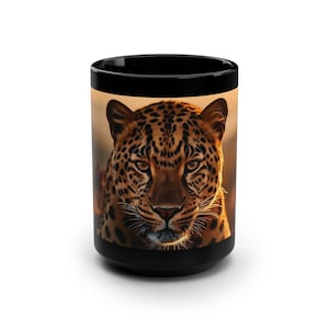Leopard, Black 15oz Ceramic Mug, Beautiful Leopard in Natural Setting, Coffee Cup, All Occasion Gift, Stocking Stuffer, Beautiful Large Cat