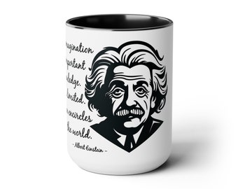 Schwarze zweifarbige Kaffeetasse mit Einstein-Zitat, 425 ml, Fantasie ist wichtiger als Wissen. Wissen ist begrenzt, Zitat von Albert Einstein