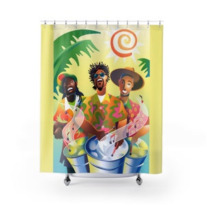May include: Three men in colorful shirts play steel drums under a bright yellow sun and palm tree. The men are smiling and appear to be enjoying themselves.