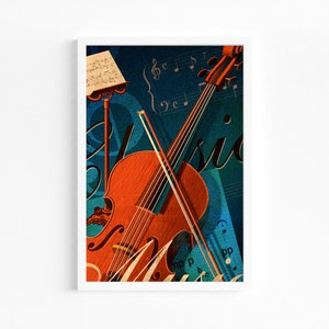 Violin Illustration Art, Digital Downloadable Wall Art, Trendy Décor, Violin Musical Instrument Music Theme Illustration, Wall Décor Accent