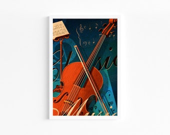 Ilustracja skrzypiec, cyfrowa sztuka ścienna do pobrania, modny wystrój, ilustracja skrzypcowego instrumentu muzycznego, akcent dekoracji ściennej