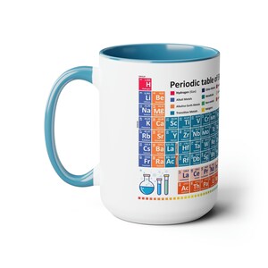 Pode incluir: Caneca de cerâmica branca com borda azul. A caneca apresenta um gráfico colorido da tabela periódica dos elementos com o texto "Tabela periódica dos elementos".