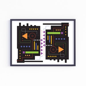 May include: Abstract geometric art print in a black frame. The artwork features a symmetrical design with black backgrounds and colorful shapes, including orange triangles and arrows, green rectangles, and purple triangles.