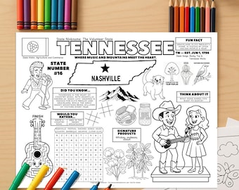 Wydrukowana podkładka z zadaniami dla stanów USA w Tennessee | Arkusz ćwiczeń z geografii dla dzieci | Fakty o stanie Tennessee do wydrukowania | Geografia do nauki w domu (PDF)