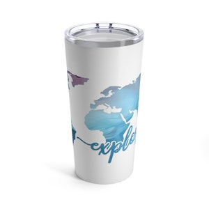 Erkunden Sie Edelstahlbecher 20 Unzen, doppelwandige Isolierung, blaues Weltkarte-Design, hält heiße oder kalte Getränke für Reisen, Geschenk für Reisende