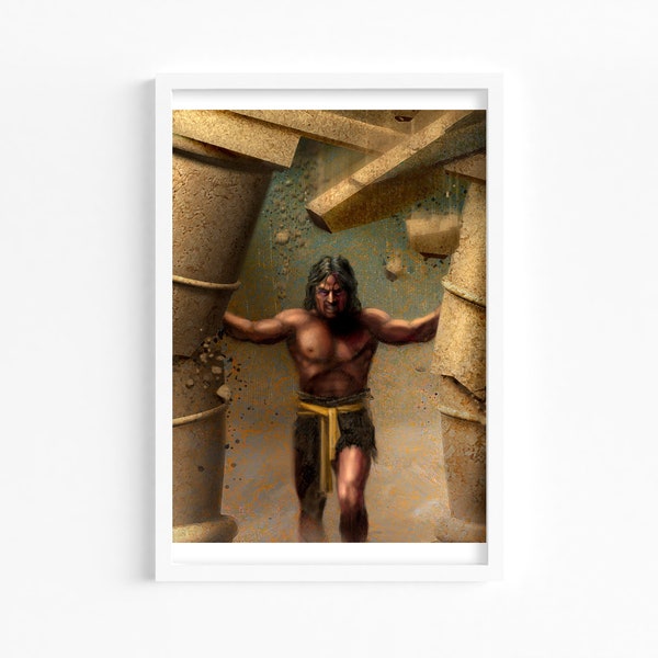 Mighty Samson Illustration Art, Digital Downloadable Wall Art, Poster, Trendy Décor, Illustration of Samson’s Final Victory, Biblical Story