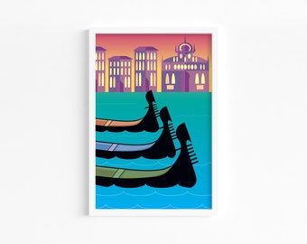 Decorative Gondolas Illustration Art, Digital Downloadable Wall Art, Trendy Décor, Gondolas on Water with Cityscape, Poster or Wall Décor