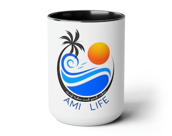 Taza de café de cerámica de dos tonos Anna Maria Island, 15 oz, dice: AMI Life, Gulf tides and good vibes. Ideal para los entusiastas de la playa de Anna Maria Island