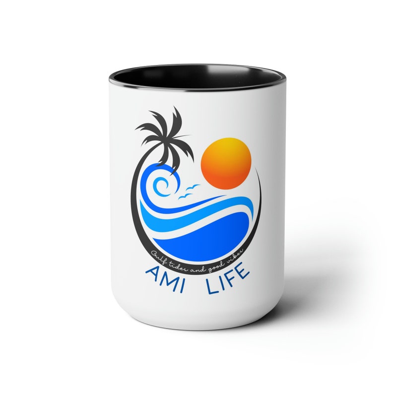 Anna Maria Island zweifarbige Keramik Kaffeetasse 15 Unzen, liest: AMI Life,gedruckte Gezeiten und gute Stimmung. Ideal für Strandliebhaber auf Anna Maria Island Bild 1