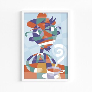May include: A colorful abstract illustration of a person with a hat and glasses, sitting at a table with a cup of coffee. The background is a light blue with a checkered pattern.