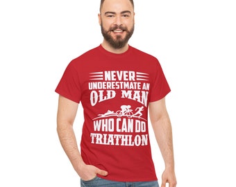 Koszulka triathlonowa, koszulka triathlonisty, wsparcie dla sportu dzięki tej zabawnej koszulce z okrągłym dekoltem i nadrukiem starego człowieka, pływanie, jazda na rowerze, bieganie, rozmiary, kolory różne