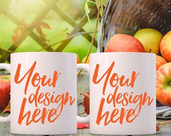Download Free Autumn Styled Stock Mug Mock up, Autumn mockup, 2 blank white Coffee Mugs, styled Photography, space for quote, Fall mockup, product mock-up PSD Template