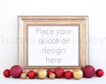 Download Free Christmas Styled Frame Mockup, Mock-up, landscape Gold Frame Mockup, Modern art, Styled frame with red baubles, Instant download, Digital PSD Template