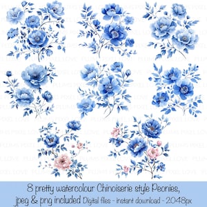 8 fleurs chinoises à l'aquarelle, fond transparent, cliparts, JPG et PNG de haute qualité, téléchargement numérique, créations en papier, journaux indésirables