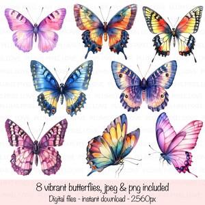 8 jolis papillons aquarelles, fond transparent, cliparts, JPG et PNG de haute qualité, téléchargement numérique, créations en papier, journaux indésirables