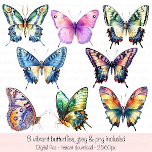 8 jolis papillons aquarelles, fond transparent, cliparts, JPG et PNG de haute qualité, téléchargement numérique, créations en papier, journaux indésirables