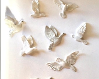 White Doves ,  wall art , Individual handmade porcelain birds  ,Symbol of Love,Peace, Remembrance, Spirit, Freedom,   Full of movement .