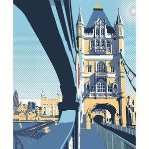 May include: A vintage-style illustration of Tower Bridge in London, England. The bridge is depicted in yellow, blue, and white colors, with a blue sky and a cityscape in the background. The text "TOWER BRIDGE" is displayed in white letters at the top of the image.