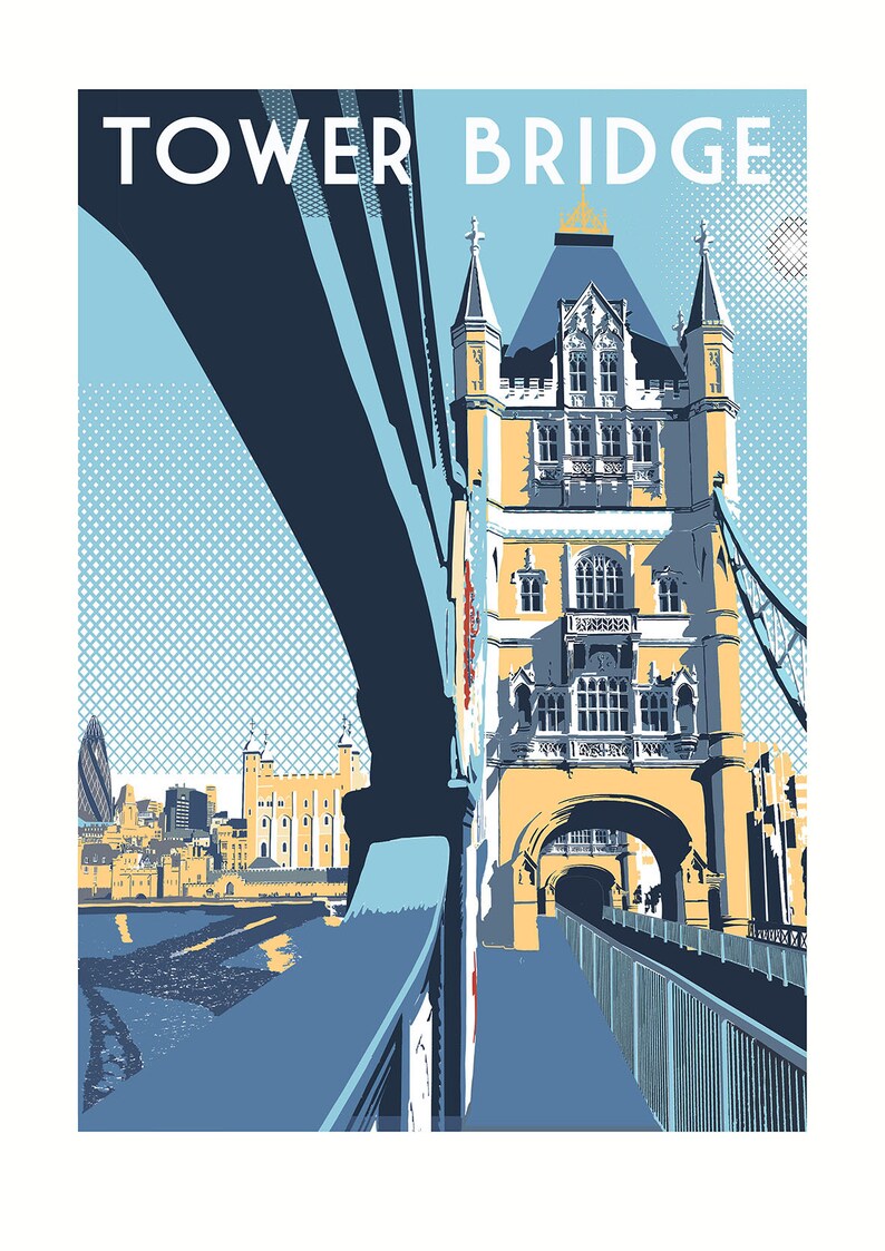 May include: A vintage-style illustration of Tower Bridge in London, England. The bridge is depicted in yellow, blue, and white colors, with a blue sky and a cityscape in the background. The text "TOWER BRIDGE" is displayed in white letters at the top of the image.