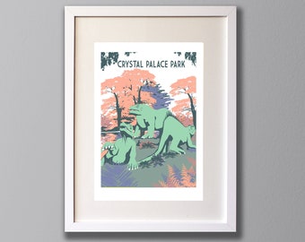 Crystal Palace Park Dinosaurs Screen Print, South London Art, A3 Limited Edition