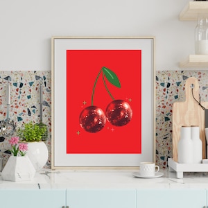 Cherry Disco Balls Print, Disco Ball Decor, Disco Ball Art, Pink