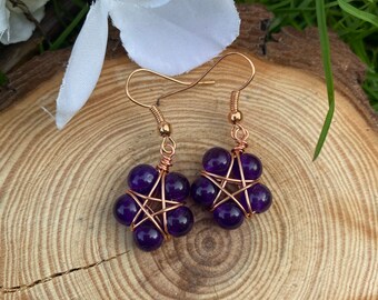 Copper or silver purple agate star earrings - dangle star earrings - pentagram protection earrings - witchy pagan hippie earrings - boho