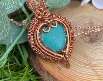 Blue howlite necklace - blue gemstone pendant - copper wired necklace - reiki chakra hippie boho - crackled blue howlite gemstone pendant