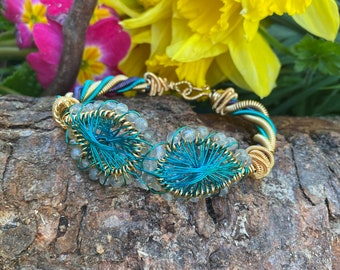 Wire Bracelet,Blue Peacock Feather Style Cuff Bracelet,Wire Wrapped Bracelet,Handmade Bracelet,Bangle Bracelet,Wire Weaved Bracelet,Unique.