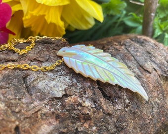 White iridescent shell leaf necklace - natural leaf shell pendant - hand carved shell necklace - multicoloured shell necklace - boho hippie