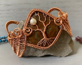 Copper Wire Tree Bracelet, Agate Gemstone Tree of Life Bracelet, Agate Cuff Bracelet, Wire Wrapped Wicca Pagan Bracelet.