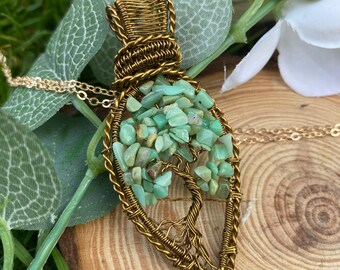 Bronze Wire Tree Necklace, Chrysophase Gemstone Tree, Antique Bronze Wire, Enchantment Spells Pendant, White Witch Pagan Magic Necklace.