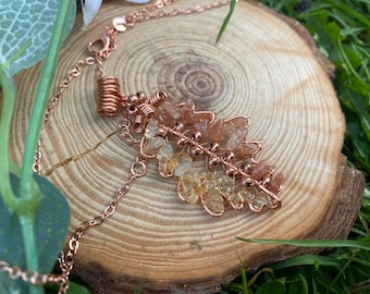 Copper Oak Leaf Necklace,Gemstone Leaf,Citrine Sunstone Wire Tree Leaf,Forrest Nature Leaf,Autumn Colours Woodland Leaf,Orange Yellow Gems.