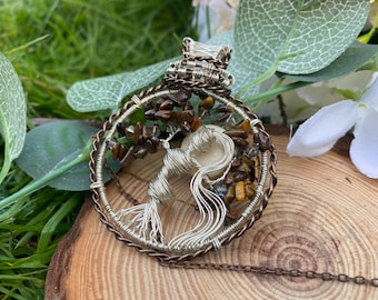 Spriggan Mother Nature Tree Necklace,Goddess Pendant,Tigers Eye Gemstone,Fairy,Wire Tree,Wire Women,Shell Moon,Wire Wrapped Tree,Woodland.