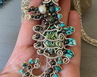 Seahorse Necklace - Abalone Shell Necklace - Mermaid Fish Seahorse Necklace - Underwater Theme Necklace Silver Byzantine Chain Necklace.